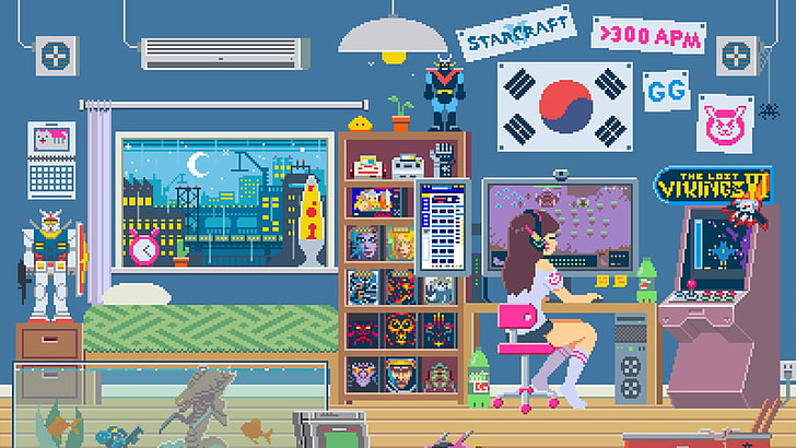 girl playing arcade game illustration, video games, D.Va (Overwatch), pixels, Alien (movie), Diablo, Mountain Dew, lava lamp, SNES, Overwatch, robot, South Korea, Mobile Suit Zeta Gundam, HD wallpaper