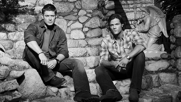 black and white, men, Jensen Ackles, Supernatural, Over The Padalecki Jared, HD wallpaper