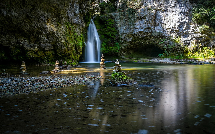 Zen Garden Waterfalls, vert, lasarraz, paysage, longue exposition, nature, photographie, suisse, eau, chutes d'eau, Fond d'écran HD