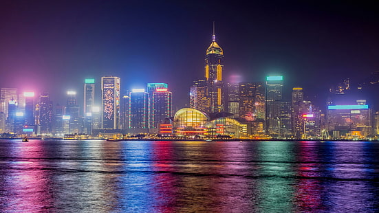 Хонг, Конг, нощ, цветове, град, HD тапет HD wallpaper