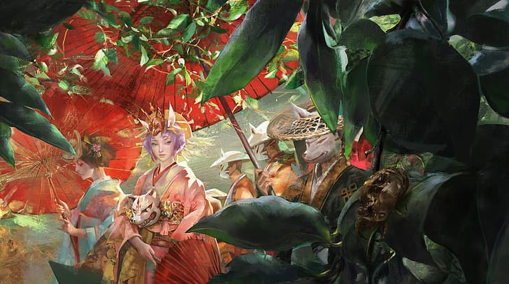 korona, kimono, wilkołak, czerwony parasol, procesja, zielone liście, maska ​​demona, dziewięcioogoniasty lis, Amber, Tapety HD