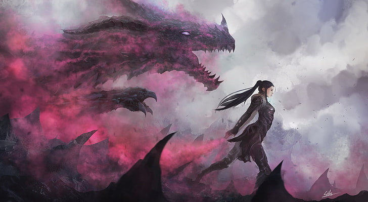 женщина, стоящая перед иллюстрацией дракона, фэнтезийное искусство, дракон, фэнтезийная девочка, существо, дым, темная фантазия, HD обои