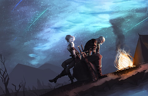 The Witcher, The Witcher 3: Wild Hunt, Bonfire, Ciri (The Witcher), Geralt of Rivia, Night, วอลล์เปเปอร์ HD HD wallpaper