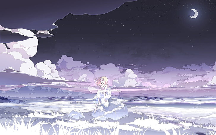 gadis anime, malam, Bulan, awan, gaun putih, bintang, Wallpaper HD