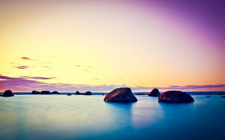Wasser, Langzeitbelichtung, Sonnenuntergang, Felsen, Natur, HD-Hintergrundbild