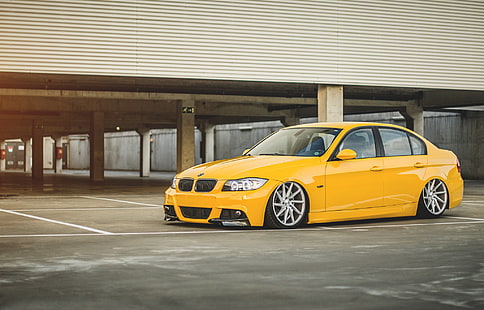 жълт BMW седан, BMW, паркинг, жълт, окачване, 3 серии, E90, HD тапет HD wallpaper
