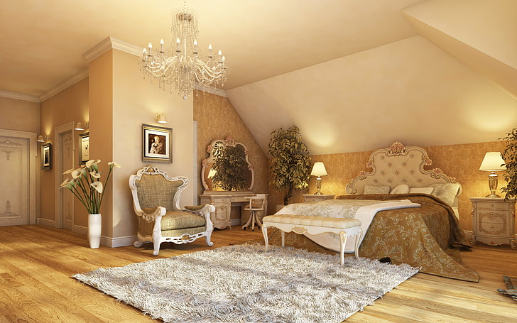 brown bedroom furniture set, light, lamp, room, interior, chair, mirror, flooring, chandelier, pictures, Mat, bedroom. bed, HD wallpaper