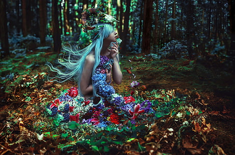 forest, girl, flowers, Kindra Nikole, Of Withering Abundance, HD wallpaper HD wallpaper