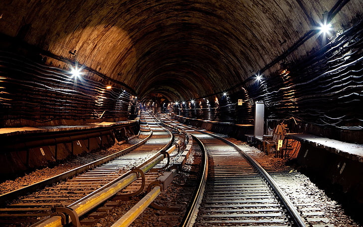 gray metal railway, railway, subway, HDR, tunnel, gravel, underground, brown, lights, arch, HD wallpaper