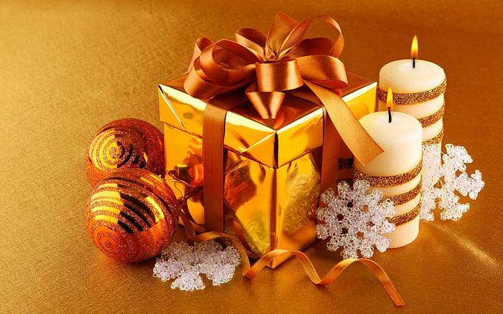 Noel, yeni yıl, hediyeler, Noel süsler, şerit, mumlar, kar taneleri, HD masaüstü duvar kağıdı