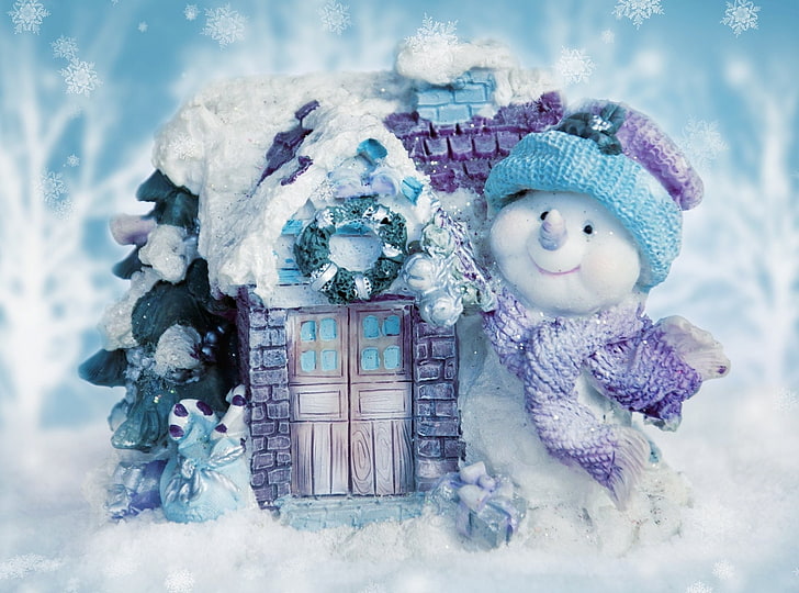 Vacances, Noël, Bleu, Maison, Flocon de neige, Bonhomme de neige, hiver, Fond d'écran HD