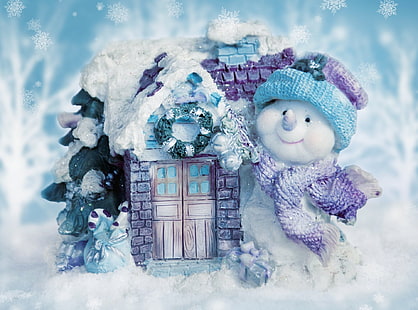 Vacances, Noël, Bleu, Maison, Flocon de neige, Bonhomme de neige, hiver, Fond d'écran HD HD wallpaper