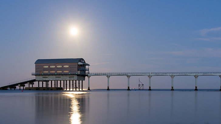 white bridge, pier, sea, HD wallpaper