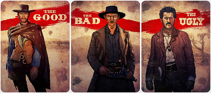 The Good The Bad and The Ugly tapet, Clint Eastwood, The Good, the Bad and the Ugly, collage, western, filmer, Lee Van Cleef, Eli Wallach, Sergio Leone, HD tapet HD wallpaper