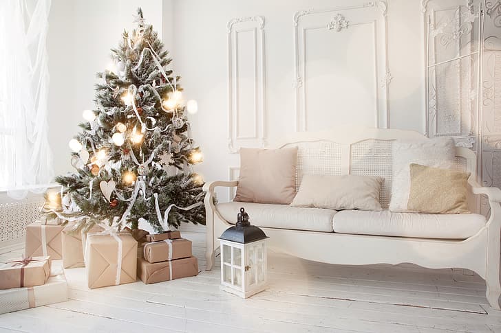 украшения, игрушки, дерево, Новый год, Рождество, подарки, белый, дизайн, С Рождеством, Рождество, интерьер, главная, Рождественская елка, фонарь, празднование праздника, HD обои