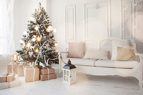 украшения, игрушки, дерево, Новый год, Рождество, подарки, белый, дизайн, С Рождеством, Рождество, интерьер, главная, Рождественская елка, фонарь, празднование праздника, HD обои HD wallpaper