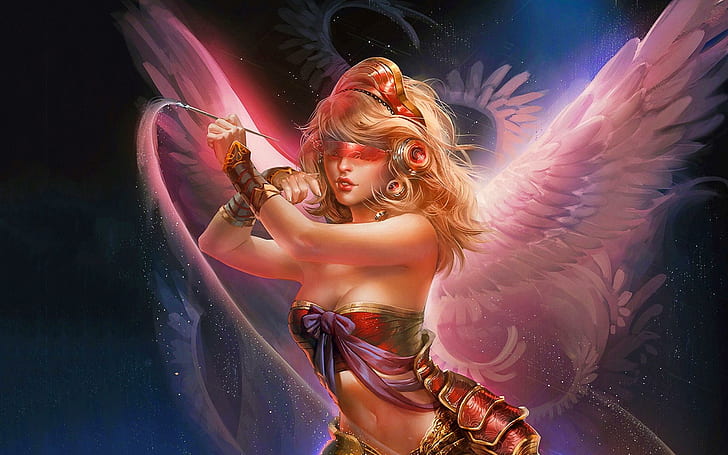 Galactic Angel, female warrior with pink wings poster, lovely, space, mask, girl, nice, beautiful, magic, woman, blonde, fantasy, angel, galactic, wings, HD wallpaper