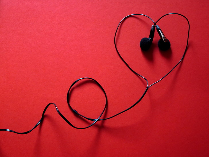 écouteurs noirs, écouteurs, musique, coeur, casque, Fond d'écran HD
