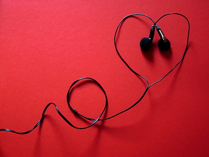 czarne słuchawki, słuchawki, muzyka, serce, zestaw słuchawkowy, Tapety HD HD wallpaper