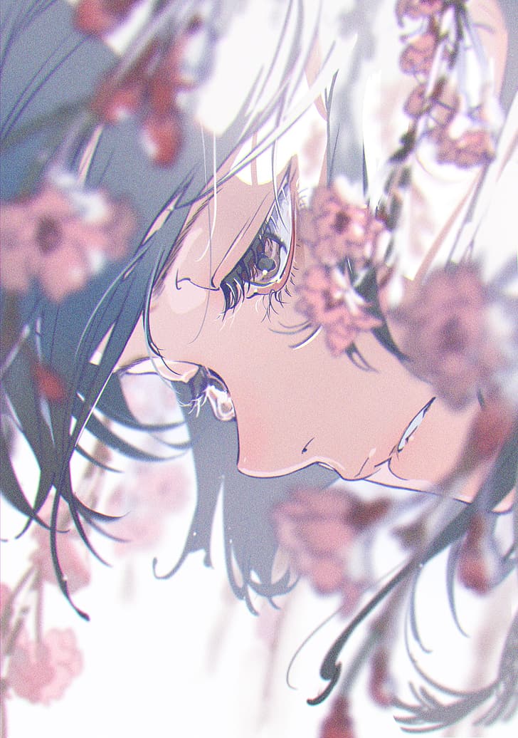 anime, anime girls, purple eyes, white hair, flowers, artwork, illusion, drawing, yoneyama mai, HD wallpaper