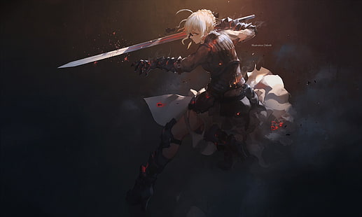 Swords женщина цифровые обои, аниме персонаж держит меч цифровые обои, произведение искусства, Fate / Stay Night, меч, фантазийная девушка, природа, Сабер Альтер, Сэйбер, блондинка, Fate Series, аниме девушки, HD обои HD wallpaper
