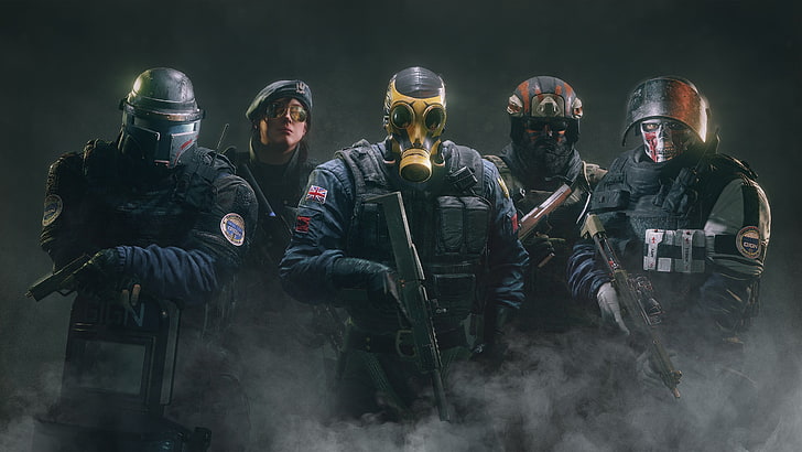 خمسة ضباط يغطون بخلفية دخان رقمية ، Rainbow Six: Siege ، CTU ، سلاح، خلفية HD