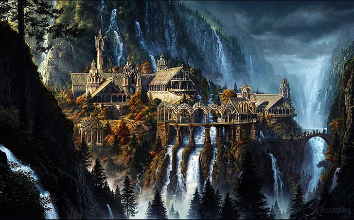 Nature, Mountains, The city, Waterfall, The Lord Of The Rings, Landscape, Architecture, Fiction, Rivendell, MAHDI KHOMSAZ, The Rivendel, by MAHDI KHOMSAZ, Razlog, refuge of Elrond, HD wallpaper
