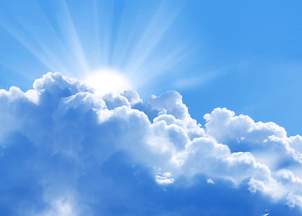 небо, солнце, облака, лучи, свет, пейзаж, синий, HD обои HD wallpaper