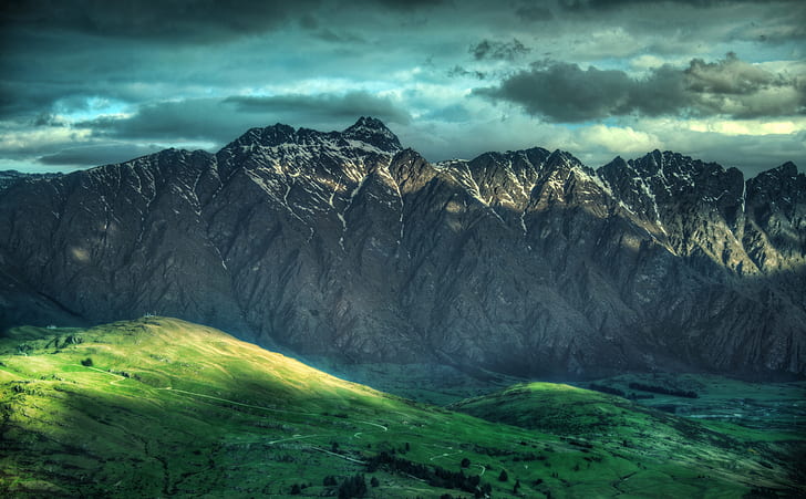 New Zealand Mountains, Oceania, New Zealand, Mountains, Clouds, Hills, Range, panorama, HD wallpaper