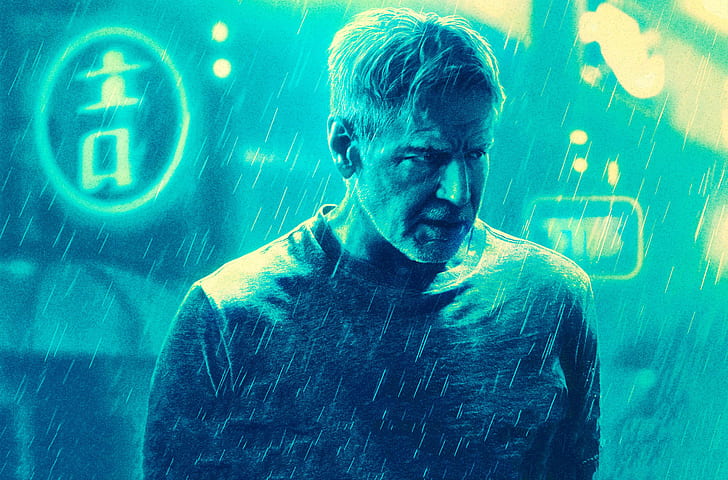 Blade Runner 2049, Харрисон Форд, фильмы, Blade Runner, мужчины, дождь, неон, Рик Декард, голубой, HD обои