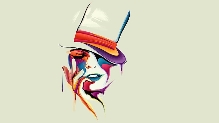 colorido, mulheres, arte digital, rosto, desenho, chapéu, pintura, fundo simples, trabalho artístico, HD papel de parede