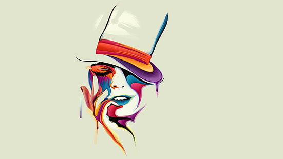 colorido, mulheres, arte digital, rosto, desenho, chapéu, pintura, fundo simples, trabalho artístico, HD papel de parede HD wallpaper