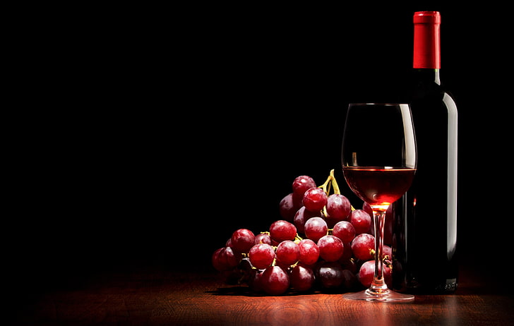 виноград, вино, красное, бокал, бутылка, виноград, черный фон, HD обои