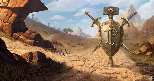World of Warcraft, игра, пустиня, планини, оръжия, цифрово изкуство, произведения на изкуството, щит, мечове, фентъзи изкуство, Blizzard Entertainment, чук, скелет, Warcraft 3 Reforged, World of Warcraft 3: Reforged, HD тапет HD wallpaper