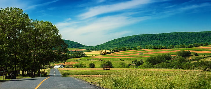 gray road between grass fields during daytime, Wind Gap, gray, road, grass, fields, daytime, Pennsylvania, Northampton County, Plainfield Township, Blue Mountain, Kittatinny Mountain, Appalachian Mountains, Lehigh Valley, landscape, hills, driving, sky, clouds, rural, spring, creative commons, nature, rural Scene, hill, europe, summer, agriculture, tree, outdoors, italy, farm, field, landscaped, green Color, HD wallpaper
