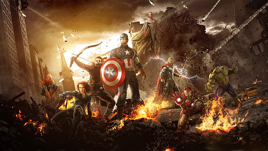 วอลล์เปเปอร์ Marvel Avengers, The Avengers, ภาพยนตร์, Iron Man, Hulk, Thor, Scarlett Johansson, Black Widow, Hawkeye, Captain America, Spider-Man, The Vision, Avengers: Age of Ultron, วอลล์เปเปอร์ HD HD wallpaper