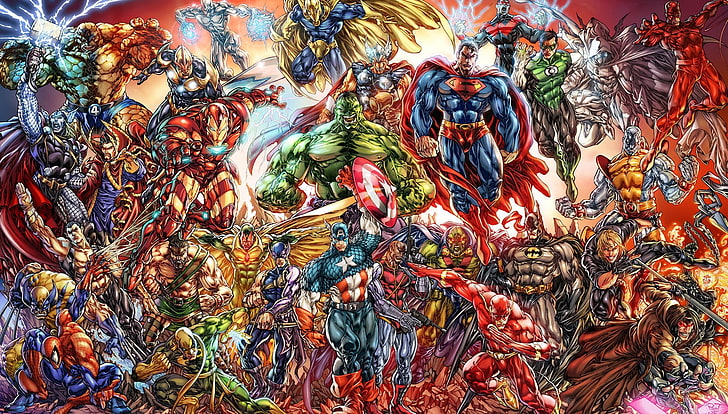 DC and Marvel characters, The Avengers, Spider-Man, Hulk, Wolverine, Thor, Captain America, The Flash, Green Lantern, Superman, Batman, HD wallpaper