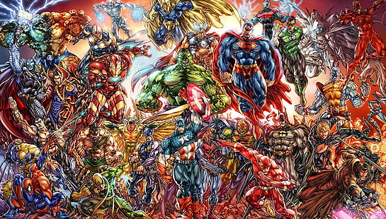 Персонажи DC и Marvel, Мстители, Человек-паук, Халк, Росомаха, Тор, Капитан Америка, Вспышка, Зеленый Фонарь, Супермен, Бэтмен, HD обои HD wallpaper