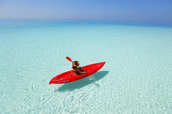 red sit-on-top kayak, girl, the ocean, kayak, HD wallpaper