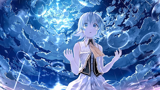 fondo de pantalla de personaje de anime de mujer de cabello gris, anime, chicas de anime, ojos azules, llanto, cabello corto, Vocaloid, burbujas, Fondo de pantalla HD HD wallpaper