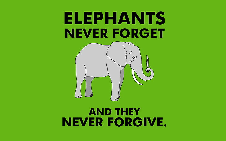 gray elephant illustration with black text on green background, humor, minimalism, typography, elephant, knives, animals, simple background, HD wallpaper