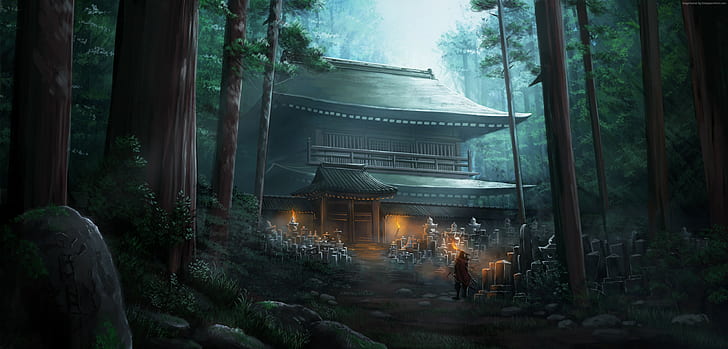 4K, templo, bosque, Fondo de pantalla HD