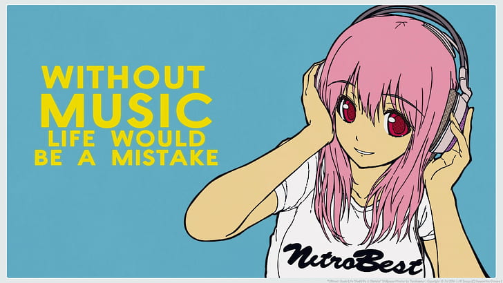 music, Super Sonico, headphones, anime girls, pink hair, text, halftone pattern, HD wallpaper