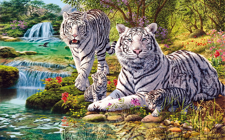 White Tiger Family Nature Jungle Stepfather Waterfall Flowers Photo Hd Wallpaper 2560 × 1600, HD tapet