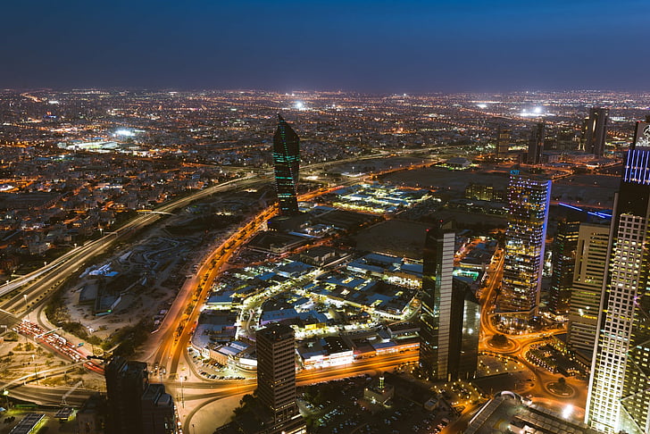 Städte, Kuwait-Stadt, Antenne, Gebäude, Stadt, Stadtansicht, Horizont, Kuwait, Licht, Nacht, Wolkenkratzer, HD-Hintergrundbild