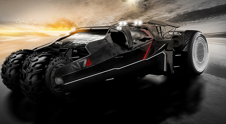 Mass Effect Mobile Car, schwarz Batmobile N7 digital wallpaper, Spiele, Mass Effect, Kunstwerk, Auto, Videospiel, Konzeptkunst, mobiles Auto, HD-Hintergrundbild