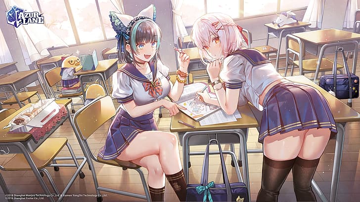 anime girls, schoolgirl, school uniform, classroom, HD wallpaper