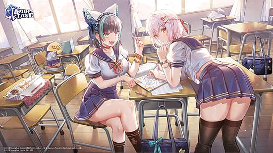  anime girls, schoolgirl, school uniform, classroom, HD wallpaper HD wallpaper