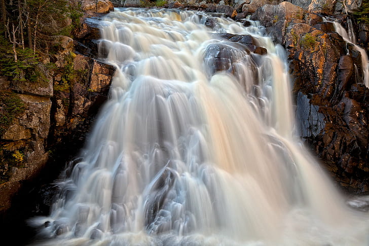 timelapse photography of water falls, Chutes, du, Diable, Waterfall, HDR, timelapse photography, water falls, water  fall, high dynamic  range, composite, long  exposure, park, parc, mont-tremblant  quebec, canada, canadian, demon, devil, flow, fluid, nature, natural, rapid, rapids, cascade, cascades, motion, movement, chute, image, rocky  stone, stones, landscape, land, scape, waterscape, scene, scenery, scenic, beauty, beautiful, pretty, surreal, maroon, orange, colorful, colourful, stock, resource, picture, ca, river, forest, stream, water, scenics, rock - Object, falling, beauty In Nature, outdoors, flowing Water, HD wallpaper