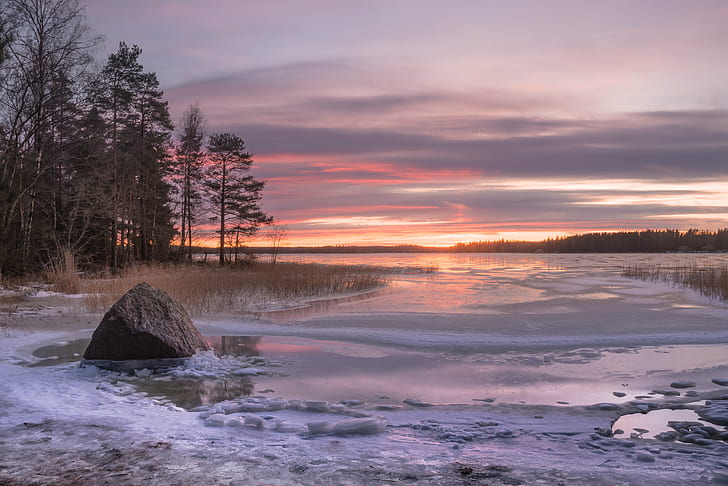 body of water covering snow, Sunny beach, body of water, nikon  d600, nikkor, kotka, finland, sunset  beach, beach  rock, ice, nature, landscape, sunset, water, tree, forest, scenics, outdoors, sky, beauty In Nature, winter, reflection, HD wallpaper